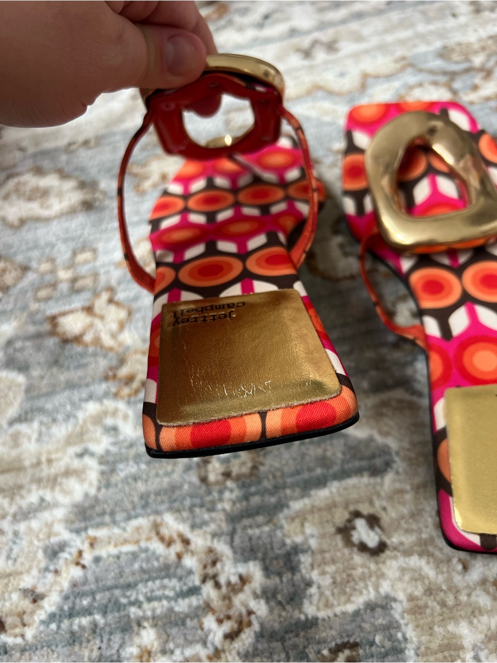 Jeffrey Campbell Red & Orange Geometric Slide Sandals with Gold Oval Accent - Picture 4 of 9